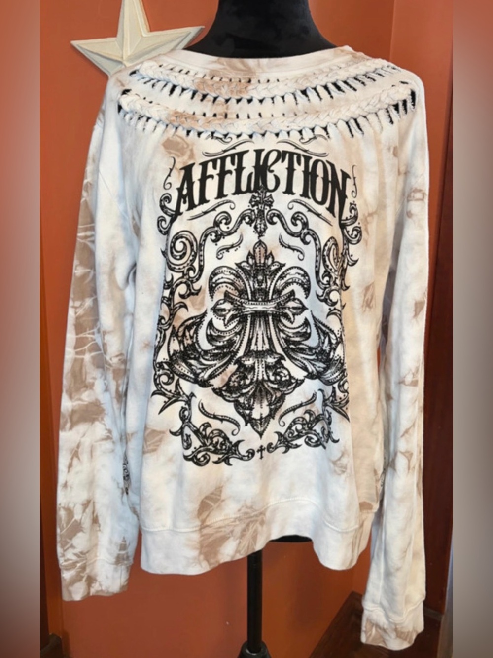 Affliction White and Tan Tie-Dye Long Sleeve Graphic Top